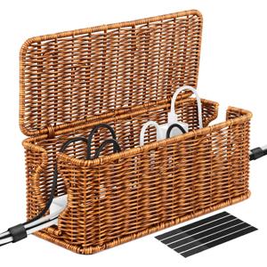 Cable Organzier Box, Handwoven Imitation Rattan Power Strip Cover Cable Management Box, 2 Open Slots Cord Organizer Box Cord Storage Basket for Computer Router USB Hub and Power Strip (Medium, Brown)