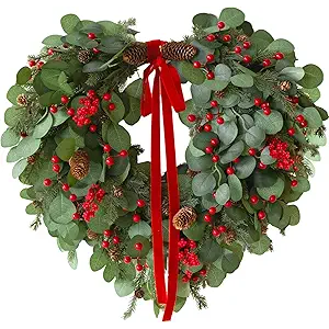 24 inch Christmas Wreath with Lights, Christmas Wreath for Front Door Christmas Door Wreaths with Red Berries Pine Cones Cedar Eucalyptus Leaves Aritificial Wreath for Christmas Indoor Outdoor Decor