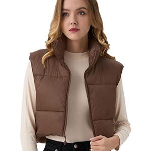 ANAYSN Women's Cropped Puffer Vest Lightweight Sleeveless Warm Vests For Women Winter Stand Collar Padded Gilet Medium, Bear Brown 