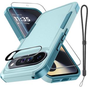 Case for Google Pixel 9/9 Pro, Full Body Heavy Duty Rugged Shockproof Protective Phone Cover with Lanyard Strap, Tempered Glass Screen Protector and Camera Lens Cover, Mint Green