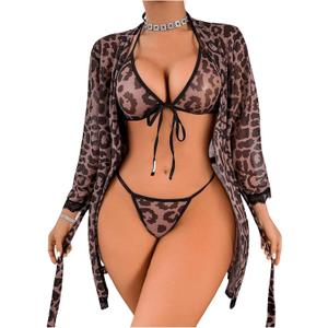 RoseSeek Women's Lace Sheer Leopard Lingerie Set Wireless Halter Triangle Bra and Panty Set with Belted Robe (Brown, L)