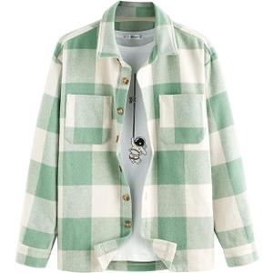ZAFUL Men's Plaids Shirt Long Sleeve Button Down Lightweight Flannel Jacket Wool Blend Shacket Casual Shirts with Pockets (Medium), Plaid-light Green