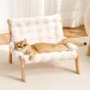 Solid Wood Cat Couch Bed for Indoor Cats, Modern Cat Sofa with Ultra-Soft Plush Surface Washable, Reclined Backrest, Elevated Elevated Cat Lounge Furniture for Small to Adult Pets, Ivory White