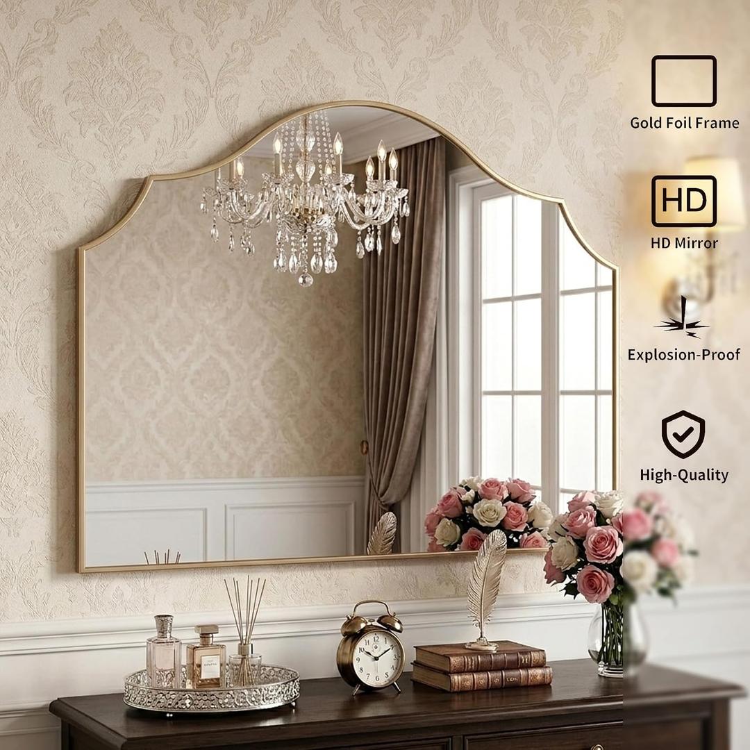 Gold Arched Vanity Mirror, 29"x39" Modern Minimalist Wall Mounted Bathroom Mirror for Living Room, Bedroom, Fireplace, Hallway Mantle, Dresser, Entryway Home Wall Mirrors Decorative