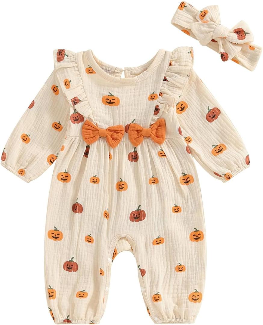 Halloween Baby Girl Outfit Infant Fall Clothes Long Sleeve Bubble Romper Pumpkin Bodysuit Jumpsuit with Headband (Newborn)