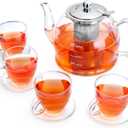 MINO ANT 1200 ml Glass Teapot Set, Teapot with Strainer Insert, 4 Glasses, Borosilicate Glass, Stainless Steel Lid