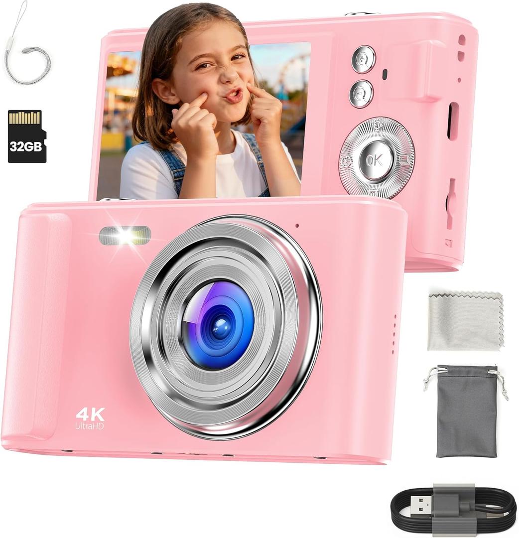 Digital Camera 4K for Kids: 48MP Pink Camera for Teens Photography - Christmas Birthday Gifts for Girls - 16X Zoom Shoot for Vlogging - Compact Camera for 6 7 8 9 10 Years Old- Toys for Toddler