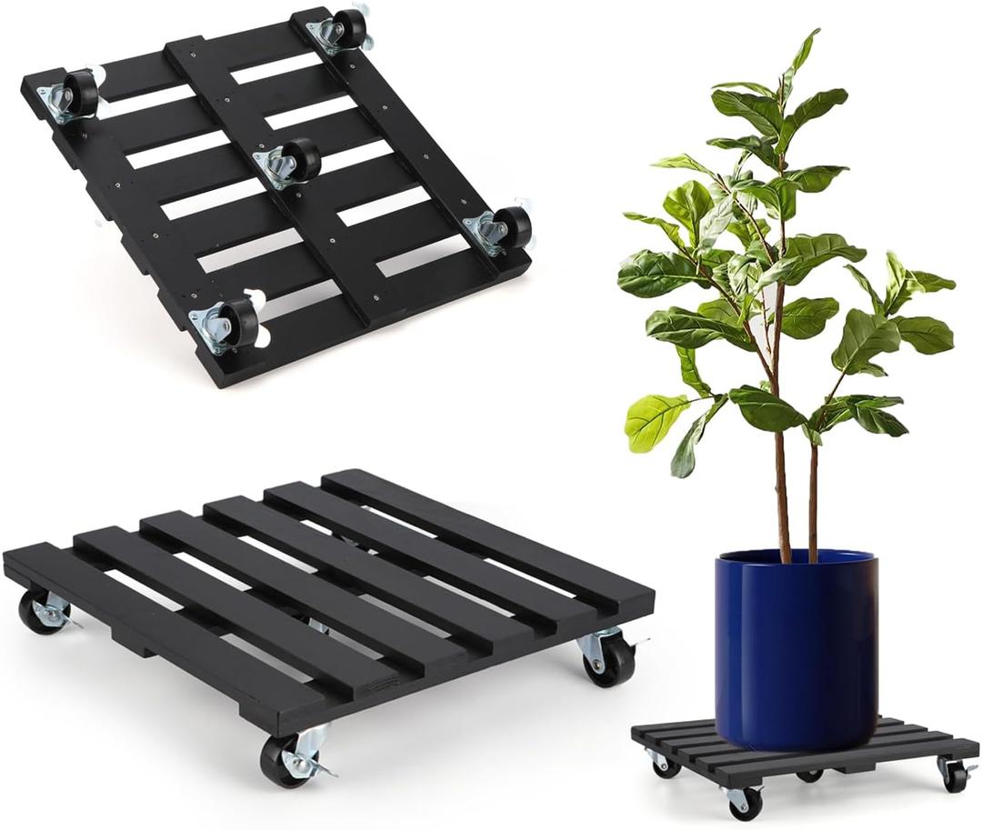 2 Pack Plant Stand with Wheels, 14" Rolling Plant Stand 264 LBS Heavy Duty Wooden Square Plant Caddy with Metal 360 Lockable Caster Wheels for Outdoor Indoor Large Plant Pots, Flower Pot, Patio-Black