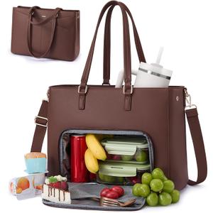 LOVEVOOK Lunch Tote Bag for Women, 3 in 1 Work Bag with Leakproof Cooler Compartment, Laptop Bag with Large Cup Holder for Office, College, Casual, Cinnamon