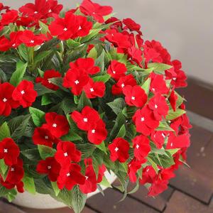 4 Pcs Artificial Red Flowers for Christmas Silk Impatiens Flowers Outdoor Indoor Faux Impatiens Plants Red Impatien for Outside Pot Patio Garden Hanging Basket Porch Decor (4, Red)