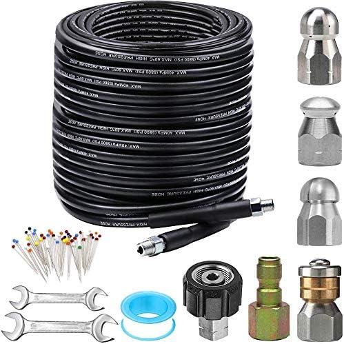 Sewer Jetter Kit for Pressure Washer 150FT, 5800PSI Drain Cleaner Hose 1/4 Inch NPT Corner, Rotating and Button Nose Sewer Jetting Nozzle Pearl Corsage Pin Waterproof Tape with 2 Spanner