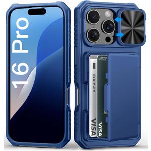BXYJY for iPhone 16 Pro Case with Card Holder (4-5 Cards), Slide Camera Cover, Military Grade Protection, Shockproof Heavy Duty Rugged Silicone Men Women Wallet Phone Case for iPhone 16 Pro, Blue