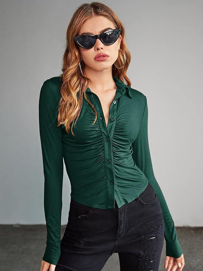 Women's T-Shirt Ruched Button Up Slim Tee for Women T-Shirt for Women (Color : Dark Green, Size : Small)