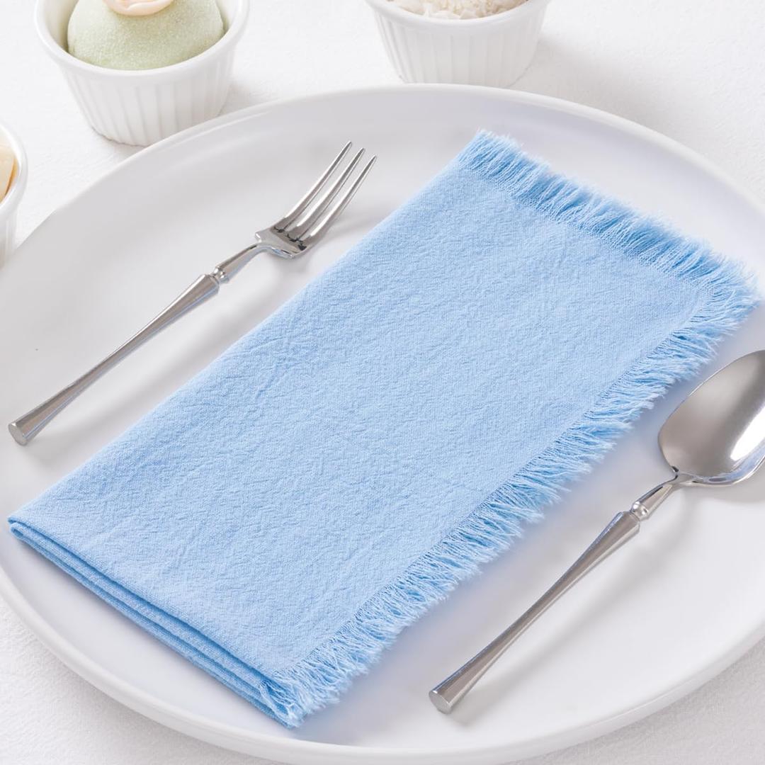 DeZerlor 6 Pack Baby Blue Cotton Linen Napkins with Fringe Spring Cloth Napkins Set of 6 Boho Handmade Dinner Napkins Bulk for Wedding Bridal Baby Shower Parties, 17 x 17 Inches
