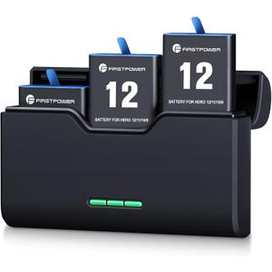 FirstPower Hero 12/11/10/9 Battery 3-Pack 2250mAh and Triple Slot USB Fast Charger for GoPro Hero 12, 11, 10, 9