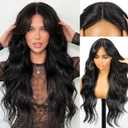 KOME Black Synthetic Lace Front Wig, Beginner Friendly Wigs T Part Glueless Long Curly Wavy Wigs With Bangs for Women Cosplay Daily Use 28IN(#1B)