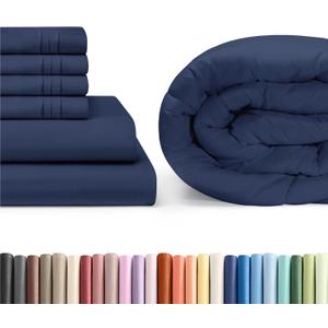 CGK Unlimited Navy Blue Sheet Set with Comforter (Full Size) - Bed Set Includes Fitted Sheet, Flat Sheet & Pillow Cases - Bedding Set - Breathable Bed Comforter Set