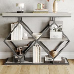 3-Tier Entryway Table, Narrow Console Table with Open Shelves, Modern Sofa Tables with Storage & Diamond-Shaped Metal Frame, Accent Tables for Entryway, Hallway, Gray