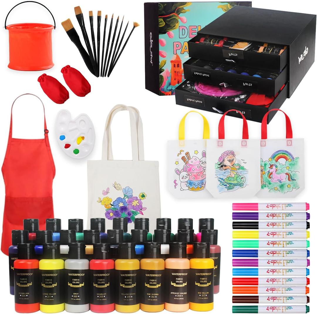 Colorful Kids Fabric Paint Art Kit - Including 12 Fabric Markers, 26 Fabric Paints, Fabric Tote Canvas Bags, Paint Brushes, and Apron Set in a Box  Inspire Imagination and Family Bonding