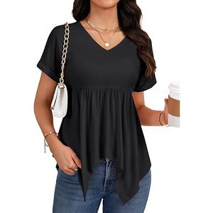LYANER Women's Sexy V Neck Short Sleeve Babydoll Top Irregular Flowy Hem T-shirt Ruffle Tunic Black Medium