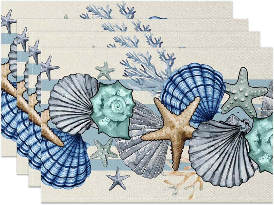 Sea Shell Starfish Beach Placemats Set of 4, 12x18 Inch Seasonal Spring Ocean Coastal Washable Linen Nautical Table Mats for Party Kitchen Dining Decoration