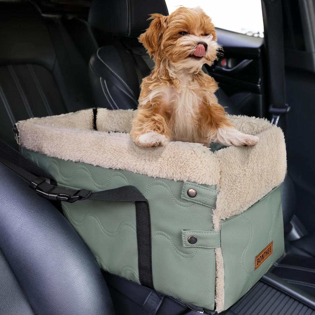 Center Console Dog Car Seat for Small Dogs,PU Leather Small Dog Car Booster Seat,Washable Foldable with Safe Protection Hooks Adjustable Straps and Storage Pocket Pet Up to 15lbs-Green