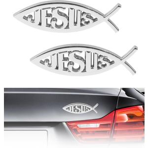 2PCS Jesus Car Decal,Car Accessories 3D Christian Auto Stickers,Jesus Fish Cars Emblem,Chrome Bumper Decals,Suitable for Auto Motorcycles SUVs Trunk Door Fender Bumper Decoration (Silver)