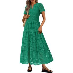 PRETTYGARDEN Womens 2026 Summer Maxi Dress Short Sleeve V Neck Hollow Out Eyelet A Line Long Flowy Beach Vacation Dresses (Green, L)
