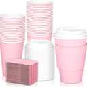 JarThenaAMCS 50Set Pink Disposable Coffee Cups with Lids and Sleeves 12oz Light Pink Paper Drinking Cups for Home Restaurant Wedding Birthday Baby Shower Bachelorette Party Supplies