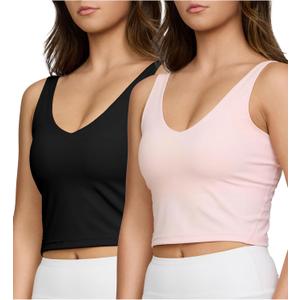 PURE CHAMP 2pk Sports Bras for Women Medium Support Crop Tops Tank Top for Women Camisole Cami Workout Tops Removable Padding (Black & Pink), Size: M