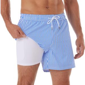 BRISIRA Mens Swim Trunks Swim Shorts Quick Dry 5 inch Inseam Beach Shorts with Compression Liner and Zipper Pocket (34, Stripeblue&white)