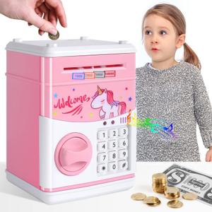 GuDoQi Unicorn Piggy Bank for Girls Electronic Coin Money Bank Toy for 3 4 5 6 7 8 9 10 Year Old Children, Mini ATM Cash Coin Saving Box for Birthday Gifts Kids Age 3-10, Pink Unicorn