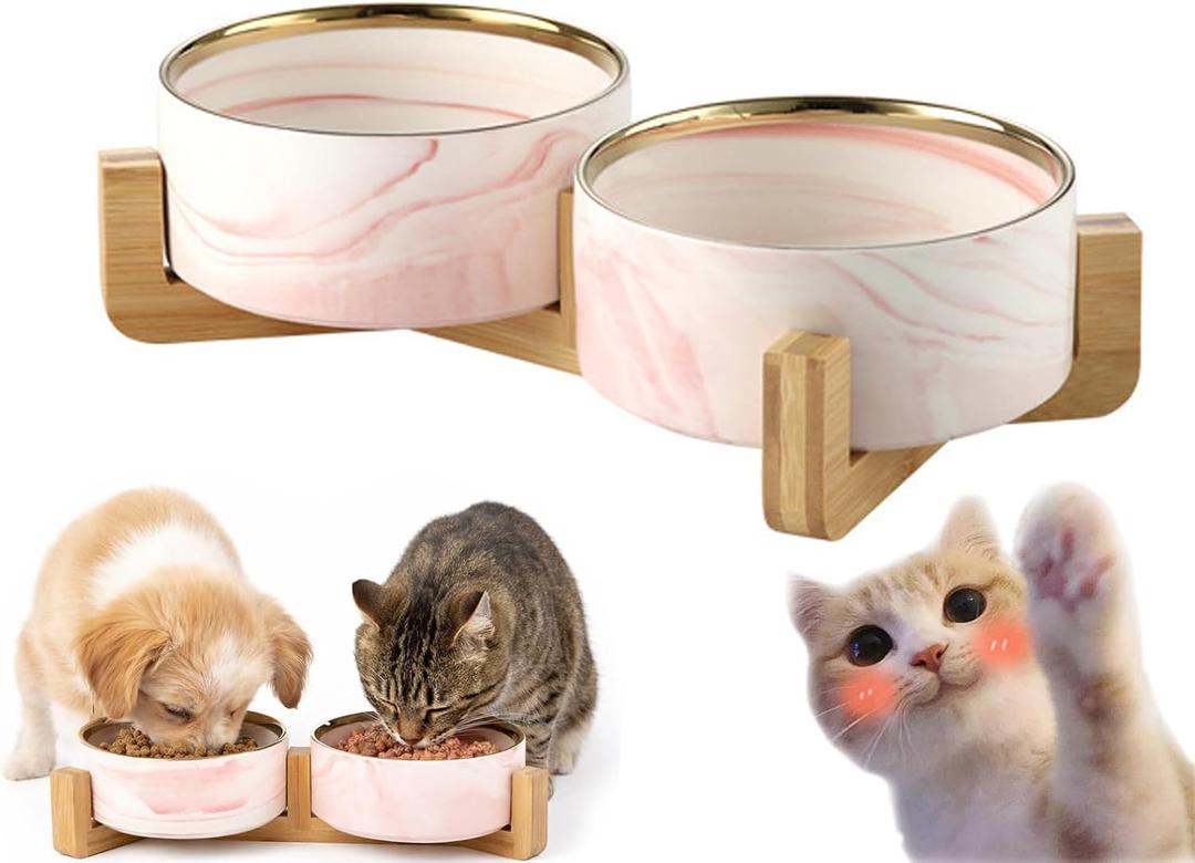 Ceramic Dog and Cat Bowl with Stand, Modern Stone-Effect Ceramic Dog Bowls with Bamboo Stand Non-Slip for Small Medium Dogs, Modern Marble Design, Dishwasher/Microwave Safe (Pink)
