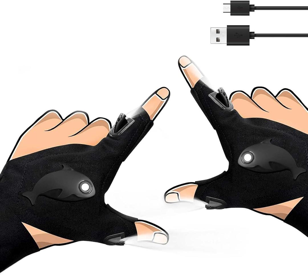 LED Rechargeable Flashlight Gloves, Gifts for Men, for Dad, Cool Stretchy Fingerless Light Gloves Gadget for Repairing Fishing Camping and Car Repairing, 1 Pair
