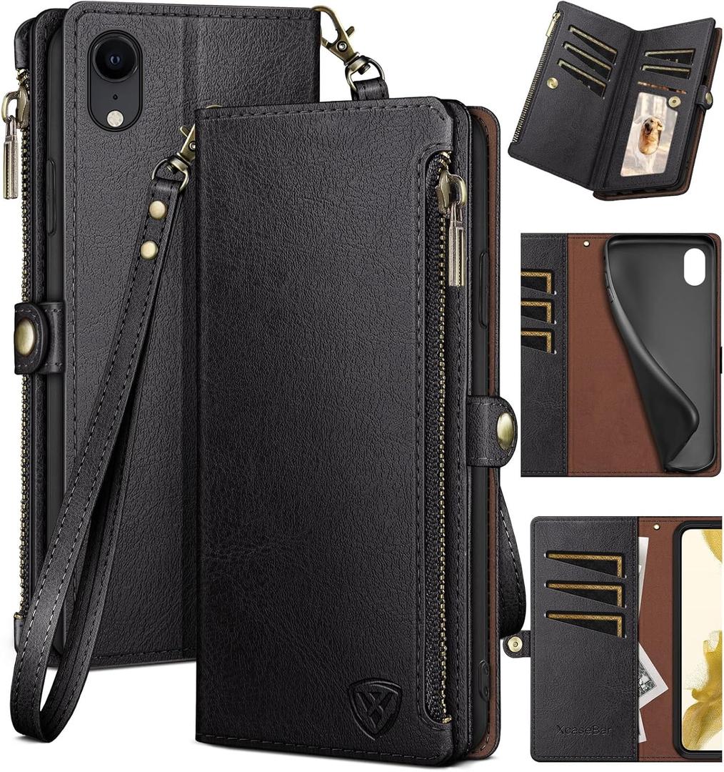 XcaseBar for iPhone XR 6.1" Wallet case with RFID Blocking Zipper Credit Card Holder, Flip Folio Book PU Leather Phone case Shockproof Cover Women Men for Apple XR case Black