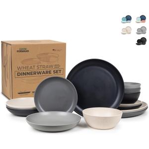 Grow Forward 16-piece Premium Wheat Straw Dinnerware Sets for 4 - Unbreakable Dishwasher and Microwave Safe Plastic Plates and Bowls Sets - Patio, Outdoors, RV, Camping Dishes - Moonlight
