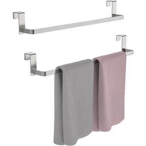 Over Cabinet Towel Rack, 2 Pack 14 Inch Over The Door Towel Bar Towel Hanger for Kitchen, Stainless Steel Over Cabinet Cupboard Kitchen Towel Holder, Foam Protective Mats (Silver)