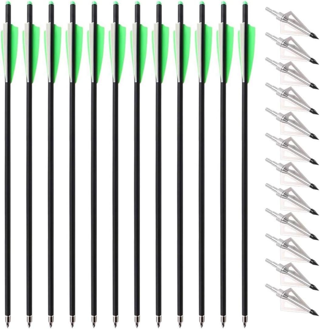 TOPARCHERY 12pcs 20inch Carbon Crossbow Arrows Crossbow Bolts with 4inch Vanes and 12pcs 3 Blades Archery Broadheads 100 Grain Screw-in Arrow Heads Arrow Tips