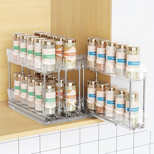 Mystozer Pull Out Spice Rack Organizer for Cabinet, Slide Out Spice Racks Organizer, Easy to Install Spice Cabinet Organizers, 2.3''Wx10.66''Dx8.11''H, 3 Packs-2 Tiers(Clear)