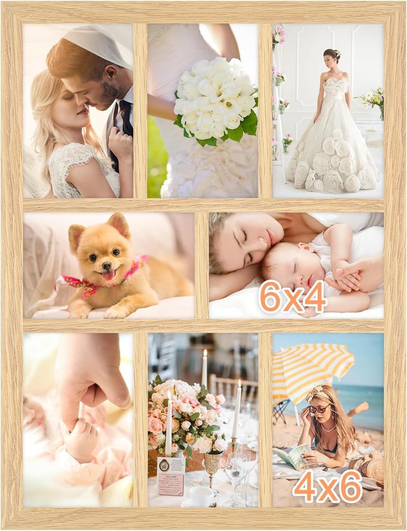 4x6 Oak Wood Picture Frames Collage Wall Decor Natural Woodgrain, Solid Oak Wooden Family Photo Collage Frame 8 Openings, Glass Front, Wall Hanging Display 8 4x6 Pictures, 11.5x15.5-8 openings