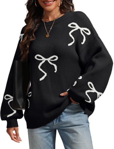 ATHMILE Fall Long Sleeve Pullover Sweaters for Women 2026 Trendy Crewneck Casual Cute Bow Chunky Knit Oversized Sweater Black S