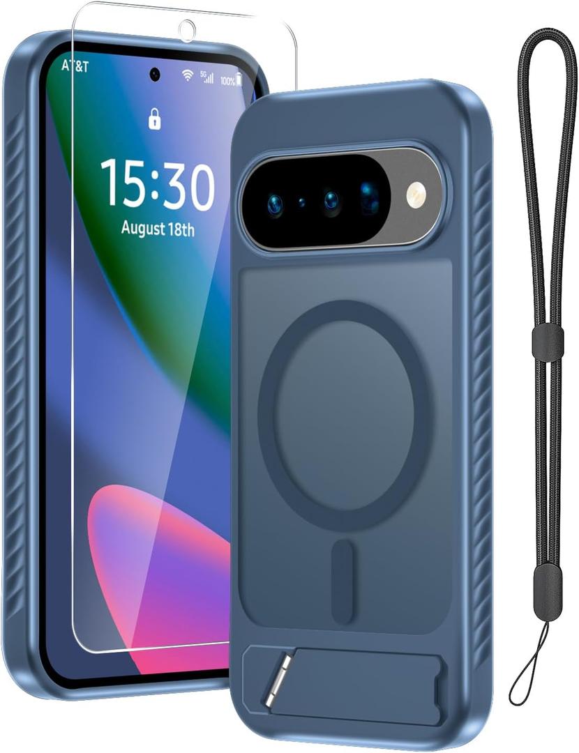 RMOCR Magnetic Case for Google Pixel 10 & Pixel10 Pro with Screen Protector+Lanyard Wrist Strap+Invisible Kickstand[Compatible with Pixelsnap & MagSafe],Translucent Matte Slim Phone Cover,Navy Blue