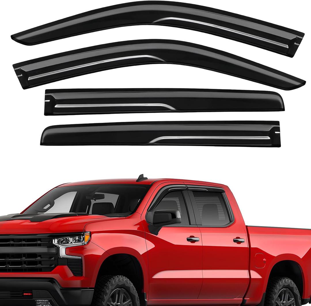 Rain Guards Fit for Chevy Silverado/GMC Sierra 1500 Crew Cab 2019-2026, Tape-on Durable Side Window Wind Deflectors & Visors 2019-2026 Silverado/Sierra 2500HD 3500HD Crew Cab Rain Guard Black 4 PCS