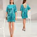 Women's Crew Neck Sequin Dress for Women Sexy V Neck Shirt Dress Sparkly Half Sleeve Loose Party Club Cocktail Dress (Blue, L)