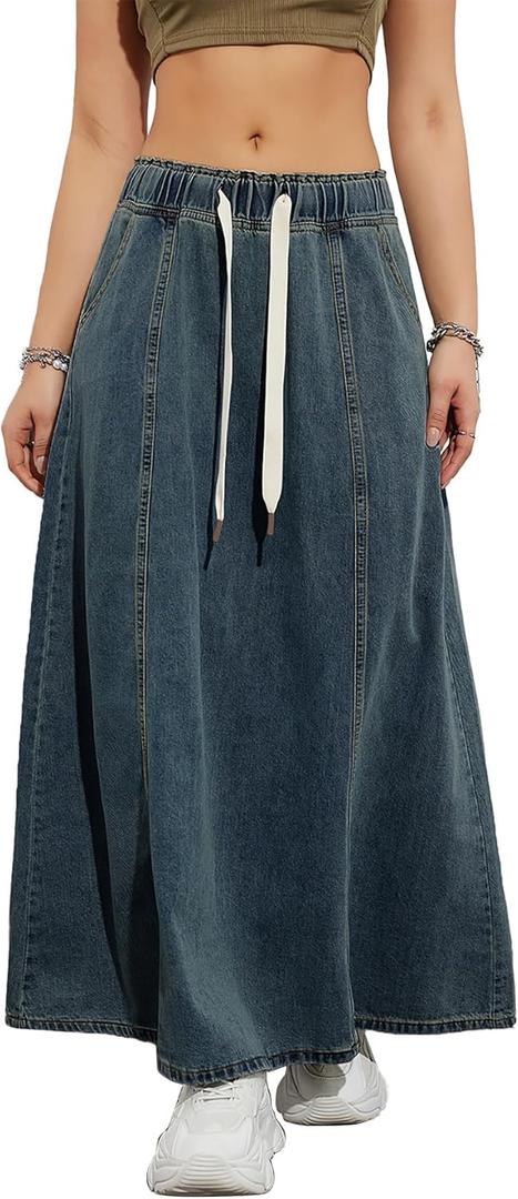 Womens Denim Skirt Casual High Waist Paperbag Elastic A Line Long Maxi Flare Skirt Summer Beach Jean Skirt XL
