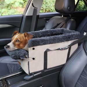 Center Console Dog Car Seat for Small Dogs,PU Leather Small Dog Car Booster Seat,Washable Foldable Puppy Car Seat with Safe Protection Hooks Adjustable Straps and Storage Pocket Pet Up to 18lbs