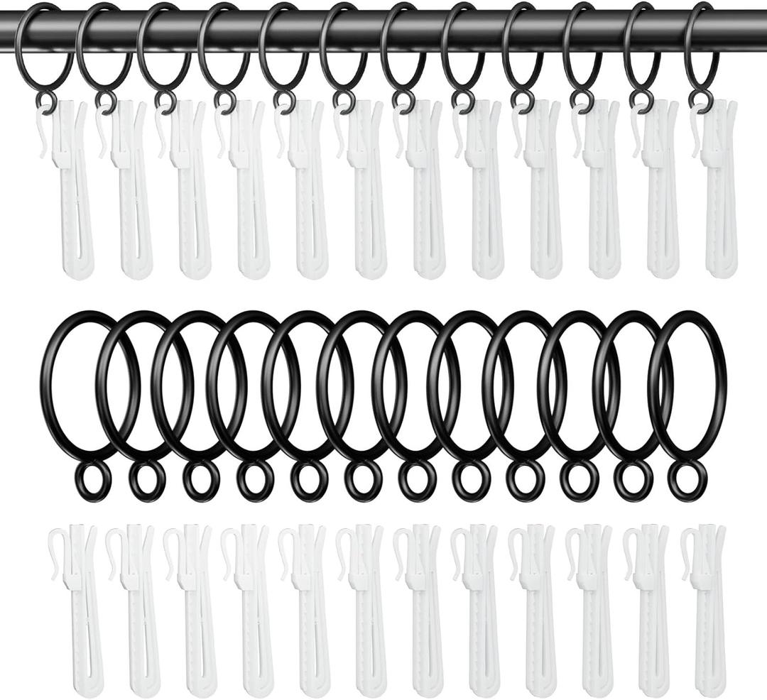 1.5 Inch Curtain Rings with Hooks, 24 Pack Black Metal Drapery Rings with Pins Fits Up to 1.25" Curtain Rods
