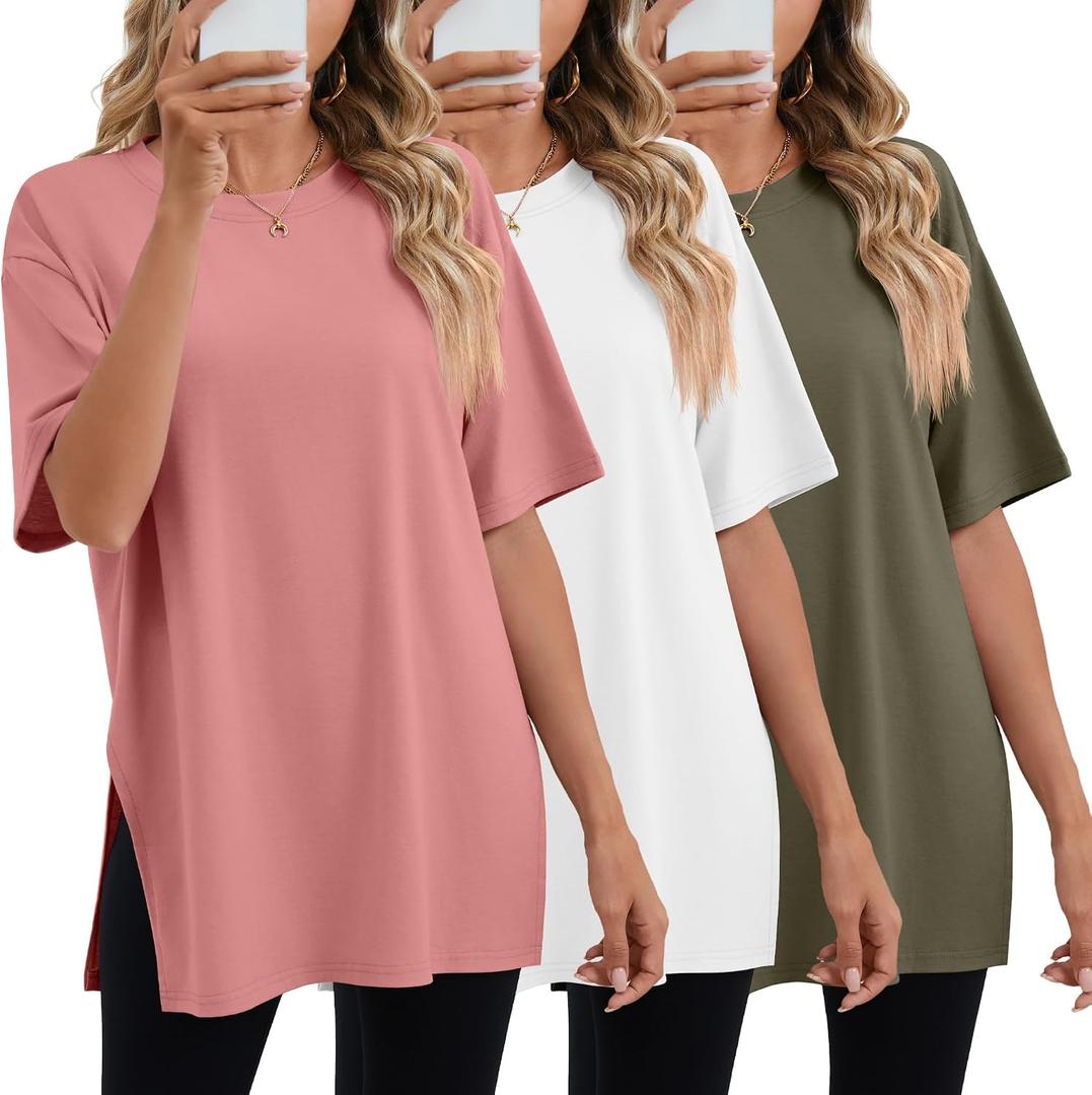 Huukeay 3 Pack Women's Oversized Gym T Shirts Short Sleeve Side Split Crewneck Tops Casual Summer Workout Baggy Basic Tee S