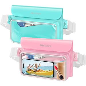 Niveaya IP68 Waterproof Fanny Pack - 2 Pack, Floating Dry Bag Pouch, Phone Waterproof Waist Pouch Dry Bag, Beach, Kayaking, Swimming, Boat Essentials, for iPhone 16/15/14/13/12 Pro Max up to 9.5" (Greenk&Pink)