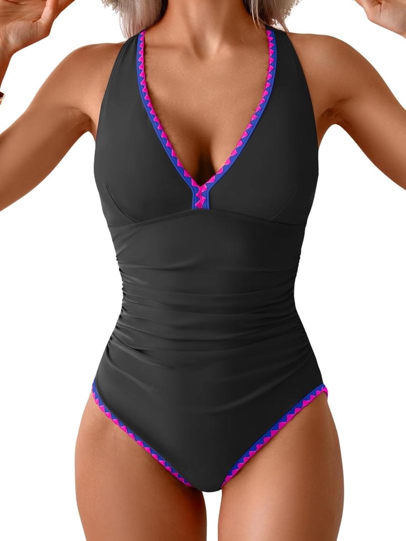 B2prity One Piece Swimsuit for Women Tummy Control Ruched Bathing Suit Push Up Tie Back Swimwear Shell Stitched (Black, S)